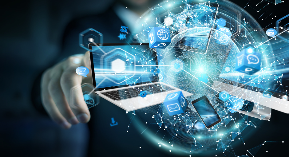 Tech devices connected to each other by businessman on blurred background 3D rendering